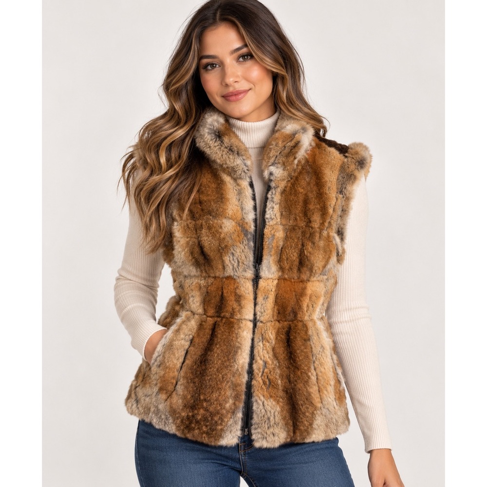 Love Token Reversible Rabbit Fur and Knit Puffer Vest Brown Small Western Luxe